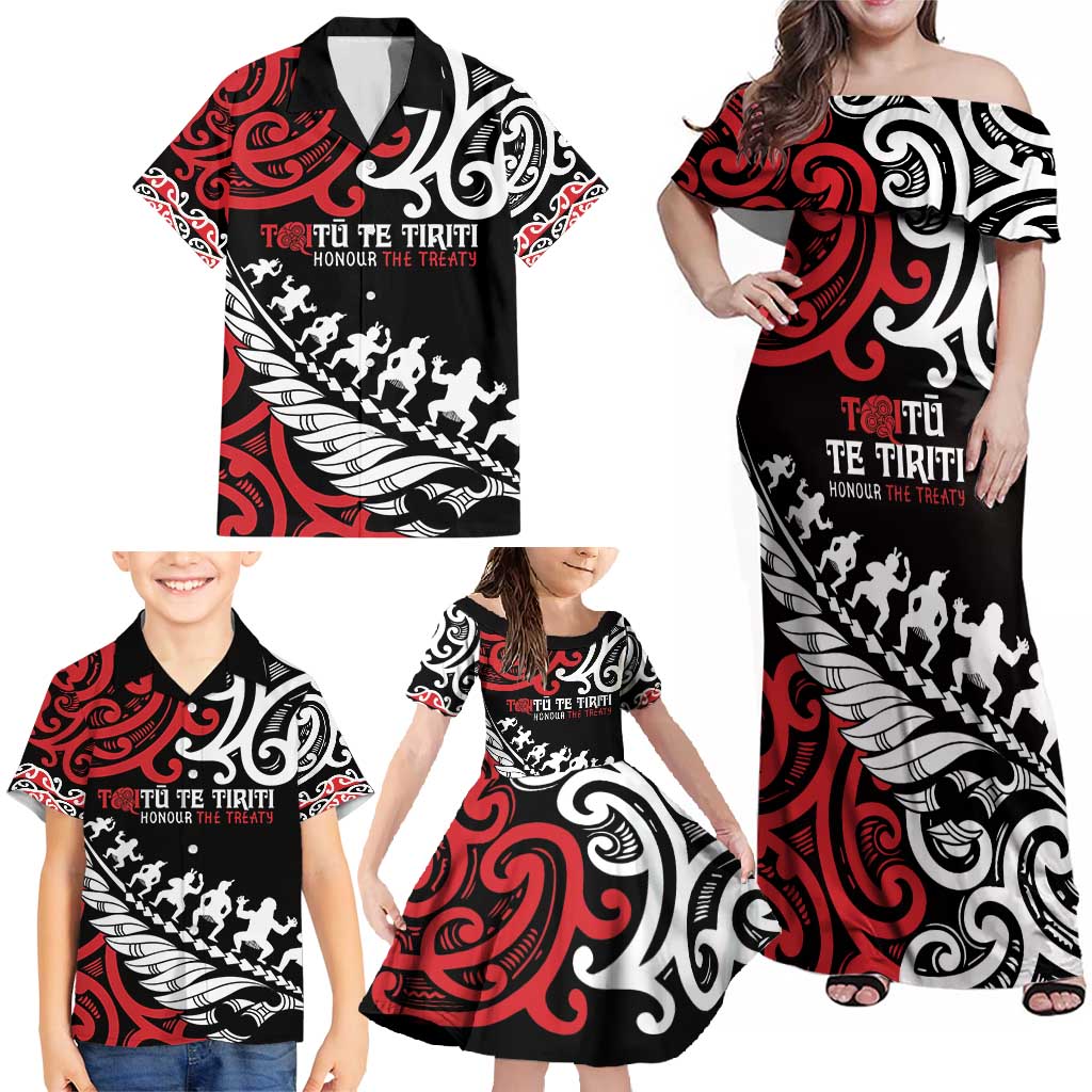 Honour The Treaty New Zealand Personalised Family Matching Off Shoulder Maxi Dress and Hawaiian Shirt Toitu Te Tiriti Half Fern with Haka dance LT9 - Polynesian Pride