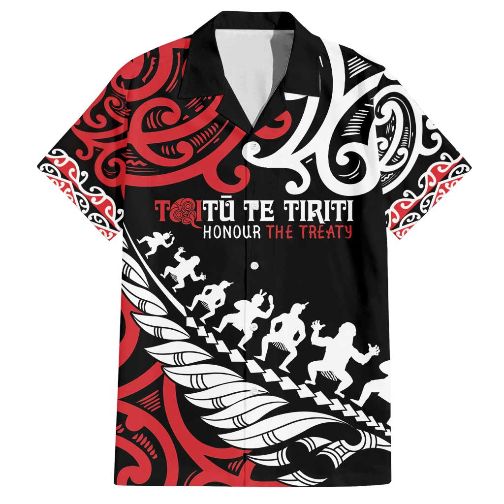 Honour The Treaty New Zealand Personalised Family Matching Summer Maxi Dress and Hawaiian Shirt Toitu Te Tiriti Half Fern with Haka dance LT9 Dad's Shirt - Short Sleeve Black - Polynesian Pride