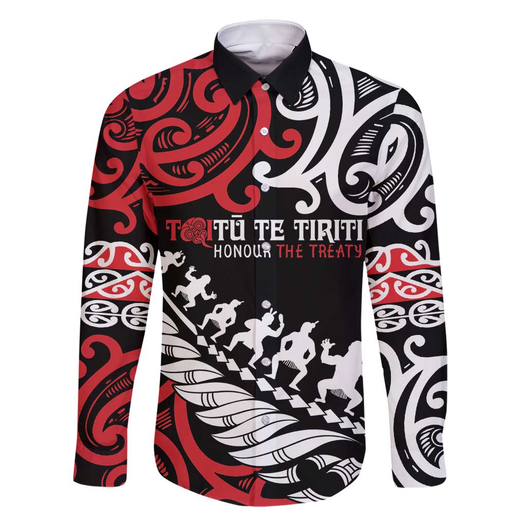 Honour The Treaty New Zealand Personalised Family Matching Summer Maxi Dress and Hawaiian Shirt Toitu Te Tiriti Half Fern with Haka dance LT9 Dad's Shirt - Long Sleeve Black - Polynesian Pride