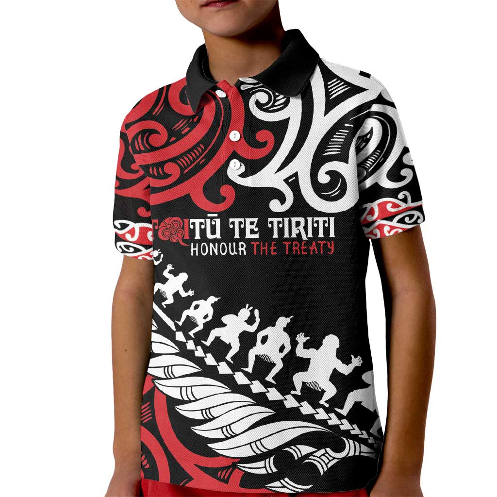 Honour The Treaty New Zealand Personalised Kid Polo Shirt Toitu Te Tiriti Half Fern with Haka dance LT9 Kid Black - Polynesian Pride