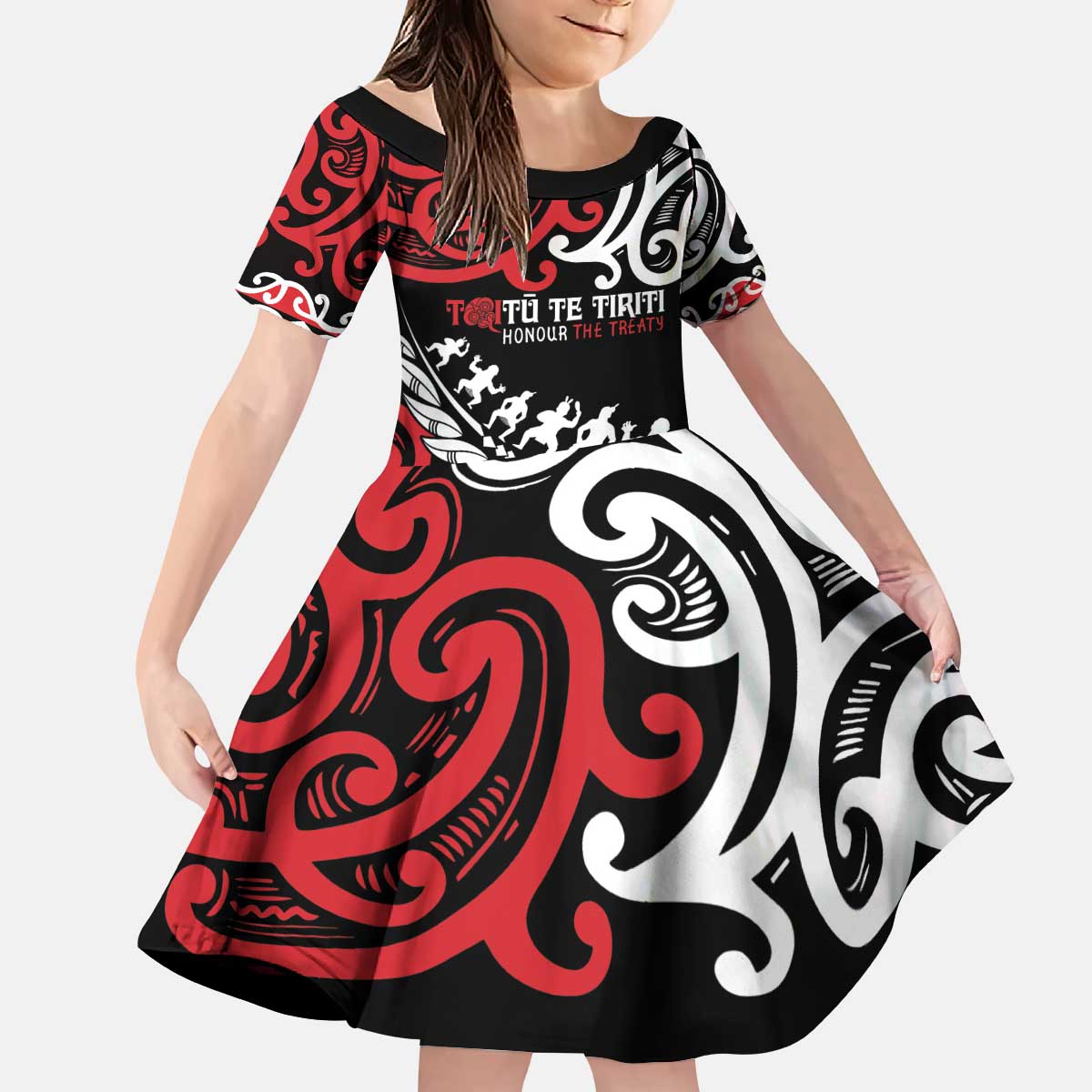 Honour The Treaty New Zealand Personalised Kid Short Sleeve Dress Toitu Te Tiriti Half Fern with Haka dance LT9 KID Black - Polynesian Pride