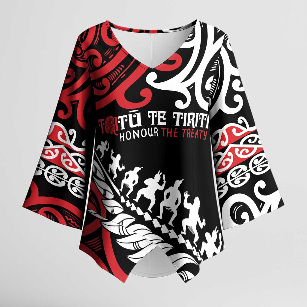 Honour The Treaty New Zealand Personalised Kimono Sleeve Blouse Toitu Te Tiriti Half Fern Haka Dance LT9 Female Red - Polynesian Pride