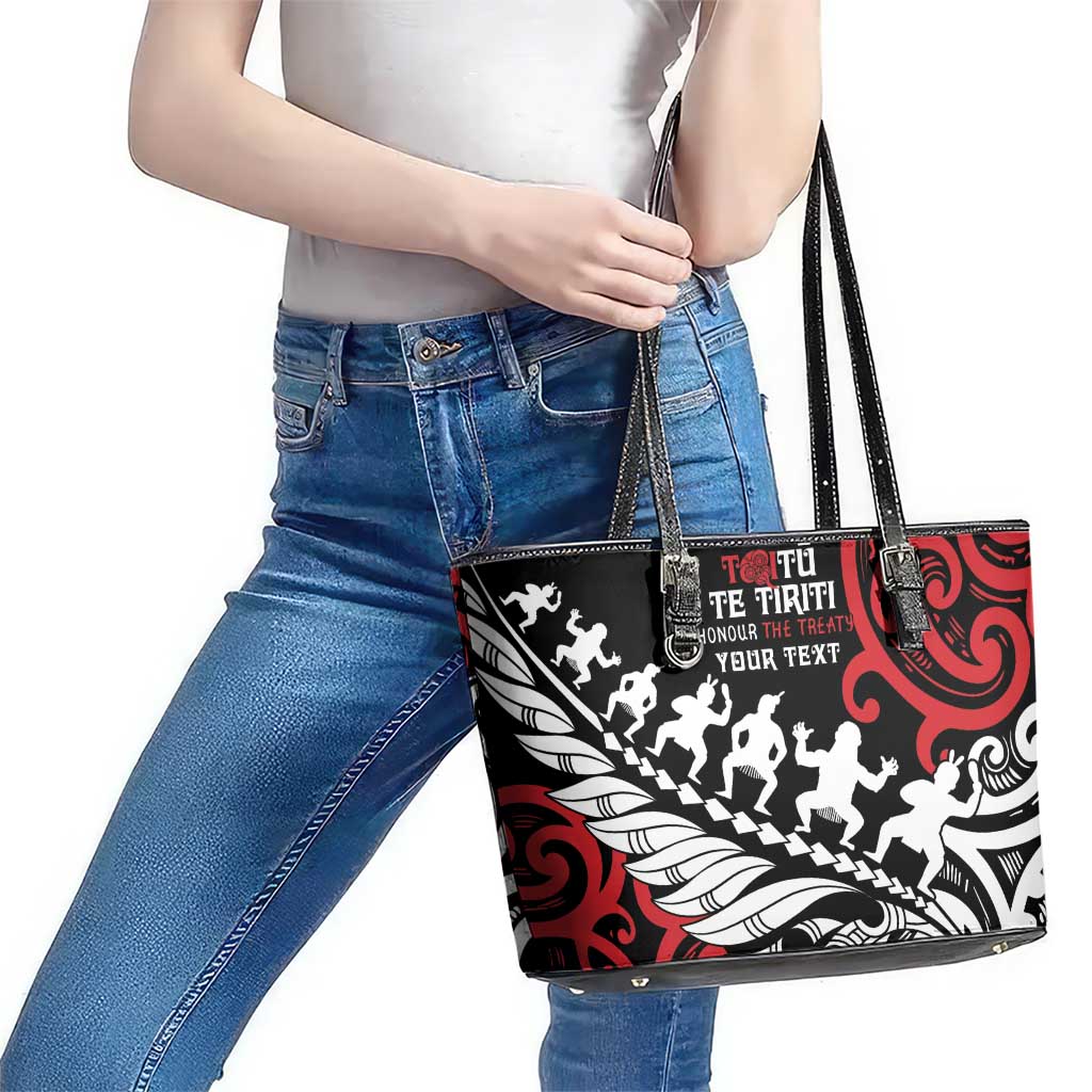Honour The Treaty New Zealand Personalised Leather Tote Bag Toitu Te Tiriti Half Fern with Haka dance LT9 - Polynesian Pride