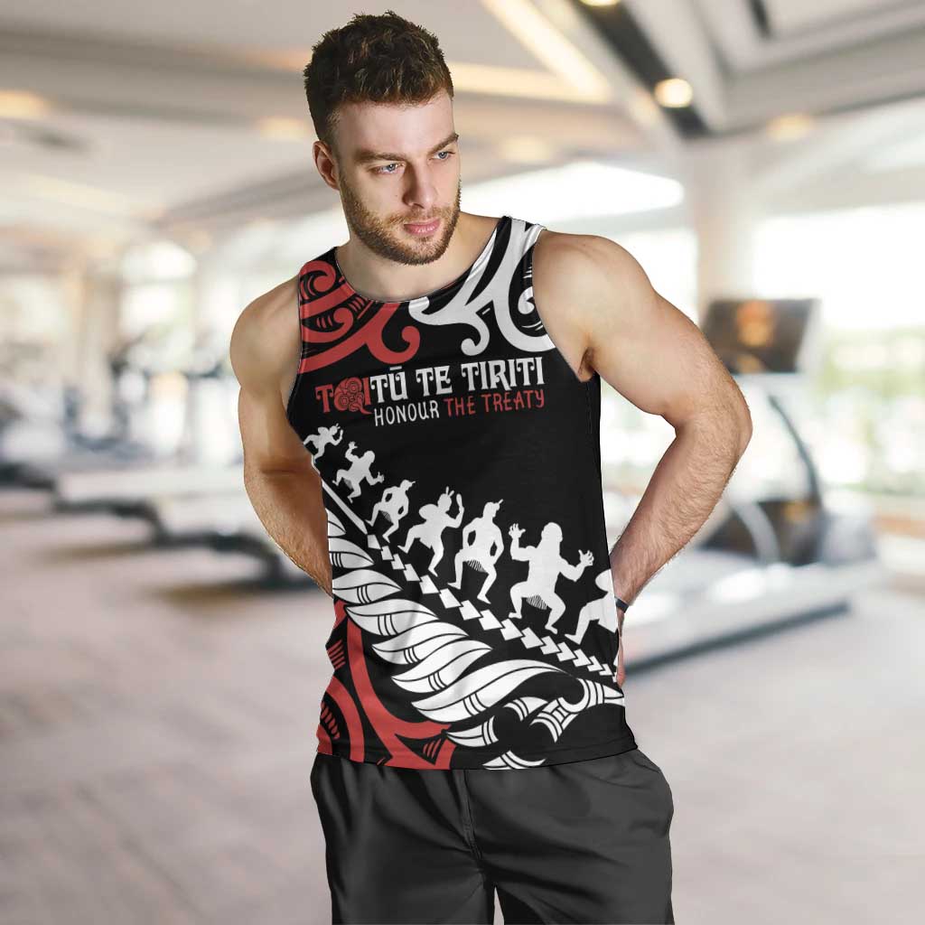 Honour The Treaty New Zealand Personalised Men Tank Top Toitu Te Tiriti Half Fern with Haka dance LT9 Black - Polynesian Pride