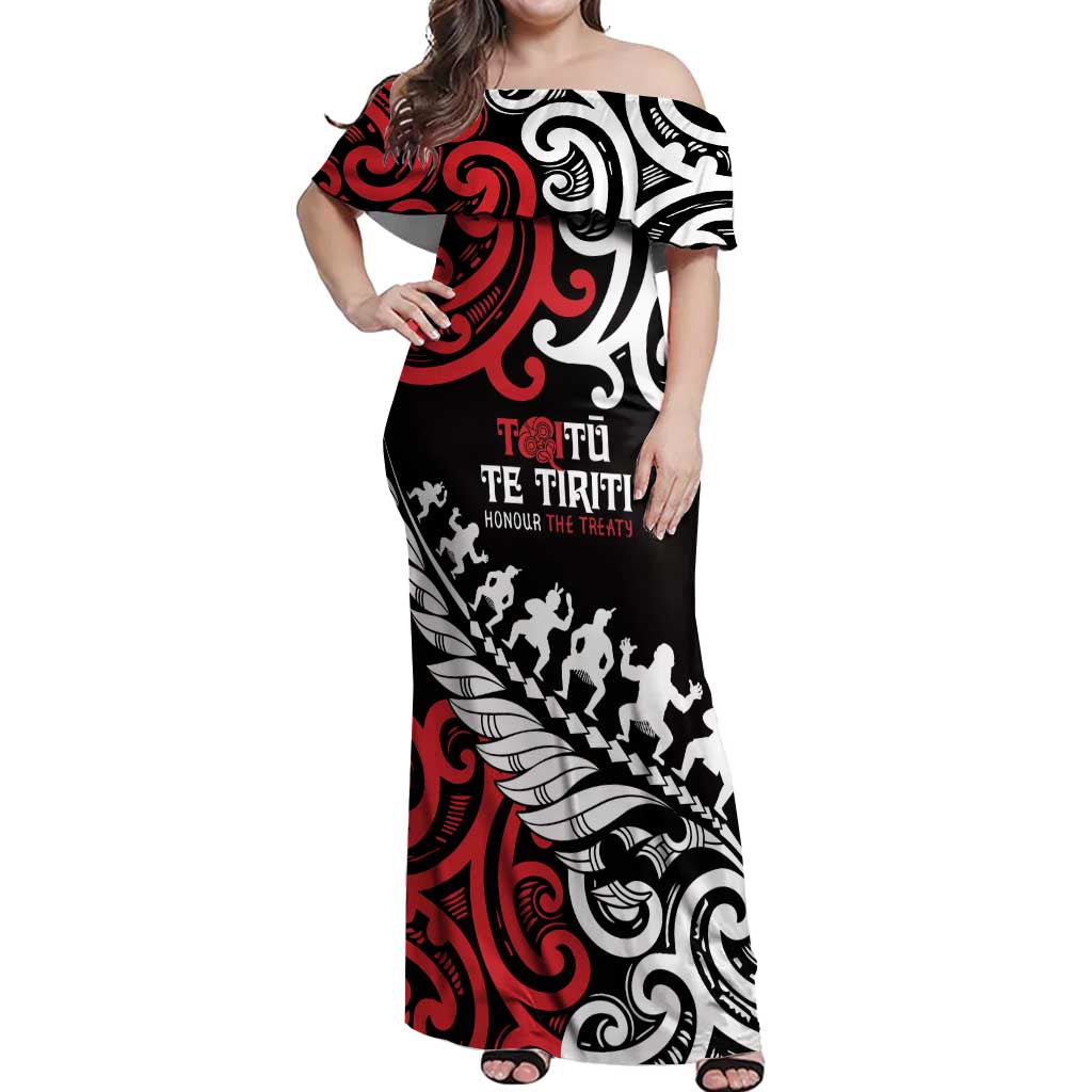 Honour The Treaty New Zealand Personalised Off Shoulder Maxi Dress Toitu Te Tiriti Half Fern with Haka dance LT9 Women Black - Polynesian Pride