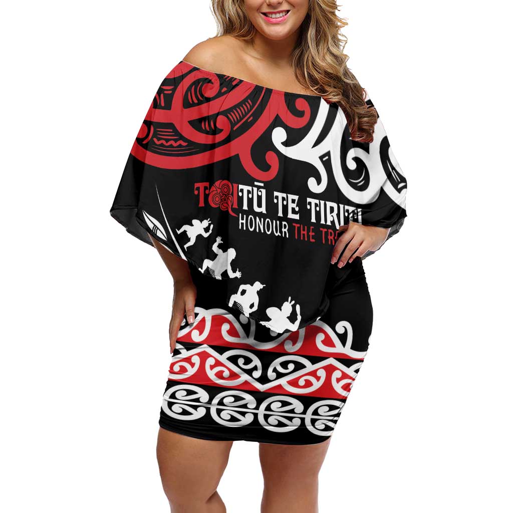 Honour The Treaty New Zealand Personalised Off Shoulder Short Dress Toitu Te Tiriti Half Fern with Haka dance LT9 Women Black - Polynesian Pride