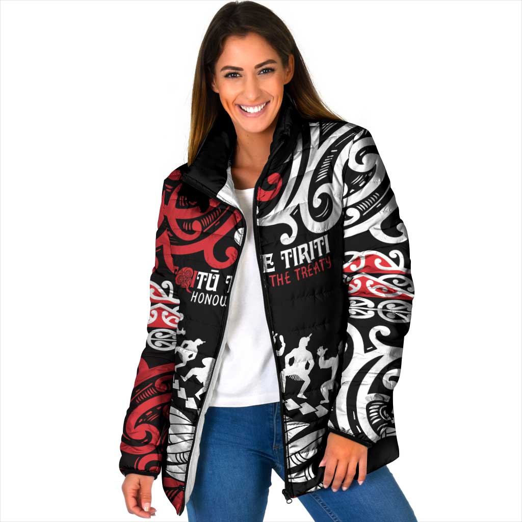 Honour The Treaty New Zealand Personalised Padded Jacket Toitu Te Tiriti Half Fern Haka Dance LT9 Women Red - Polynesian Pride