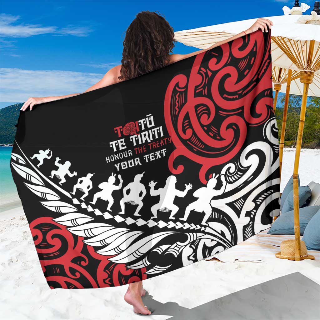 Honour The Treaty New Zealand Personalised Sarong Toitu Te Tiriti Half Fern with Haka dance LT9 One Size 44 x 66 inches Black - Polynesian Pride