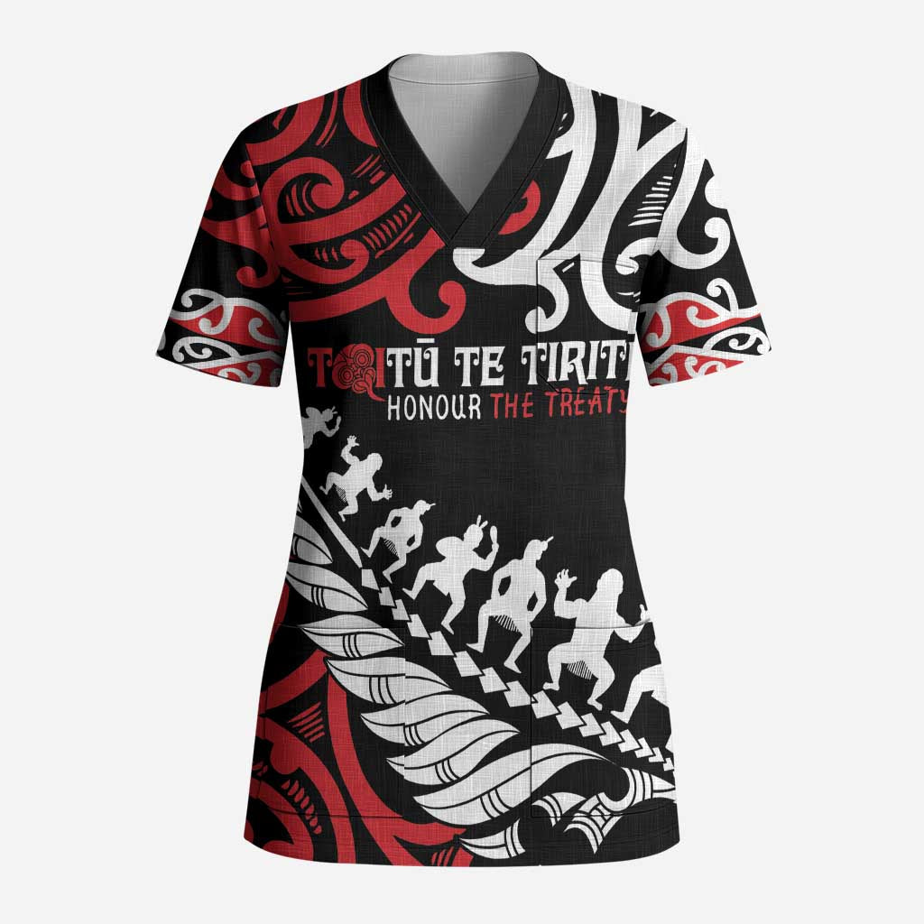 Honour The Treaty New Zealand Personalised Scrub Top Toitu Te Tiriti Half Fern Haka Dance LT9 Adult Red - Polynesian Pride