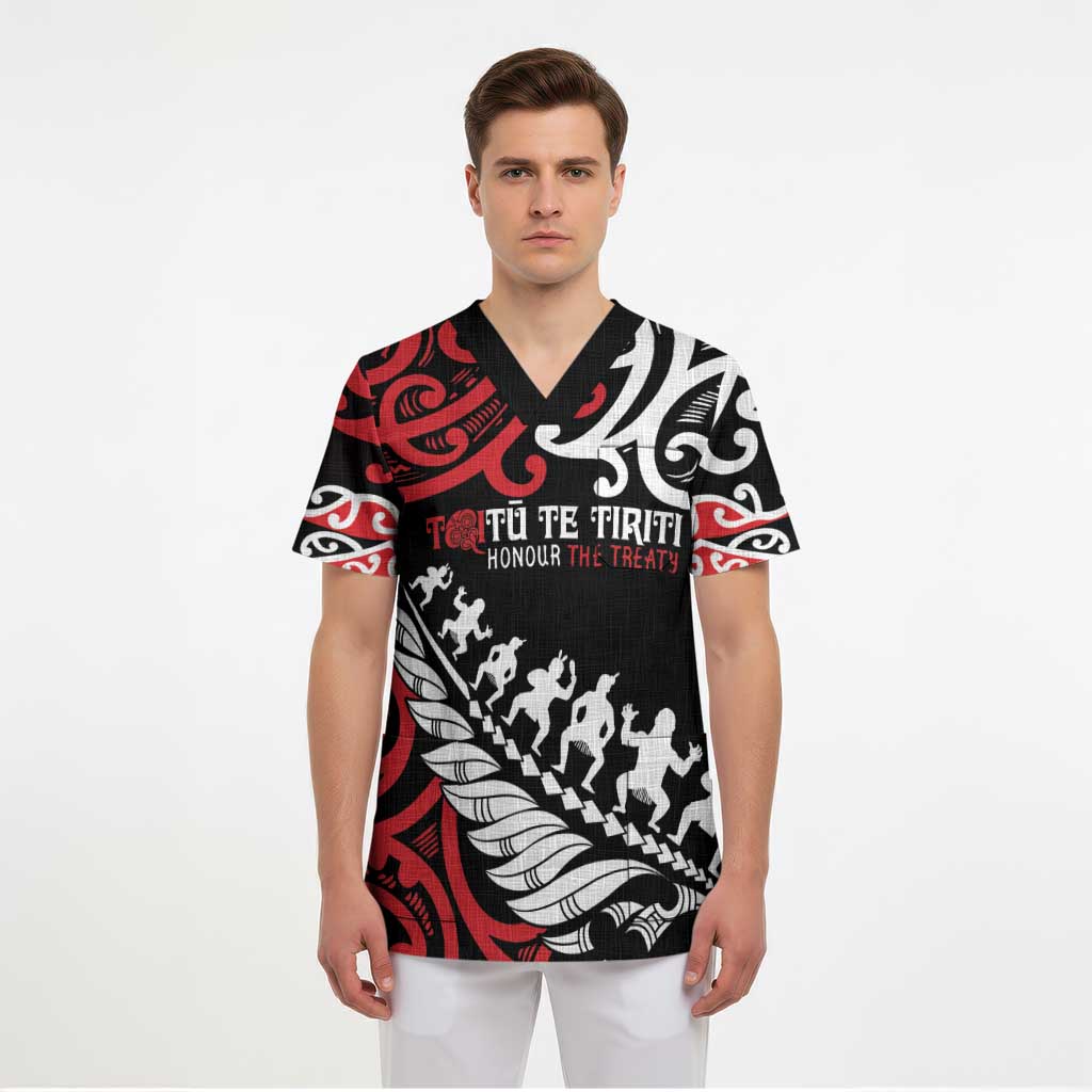 Honour The Treaty New Zealand Personalised Scrub Top Toitu Te Tiriti Half Fern Haka Dance LT9 - Polynesian Pride