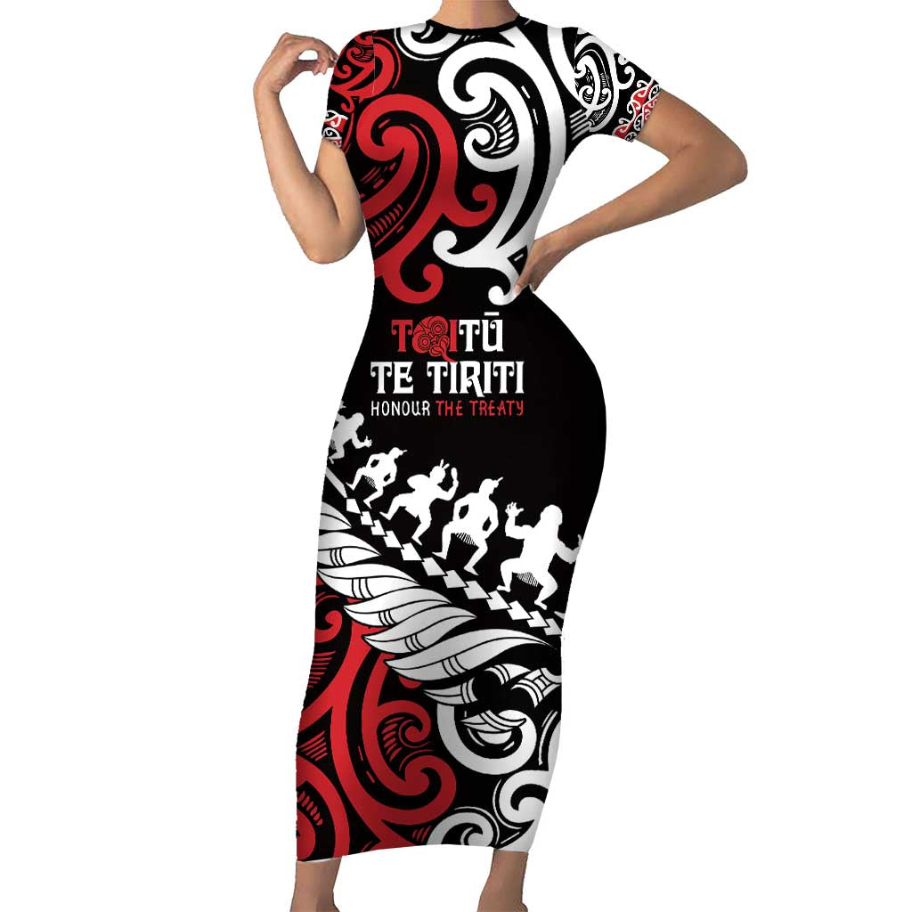 Honour The Treaty New Zealand Personalised Short Sleeve Bodycon Dress Toitu Te Tiriti Half Fern with Haka dance LT9 Long Dress Black - Polynesian Pride