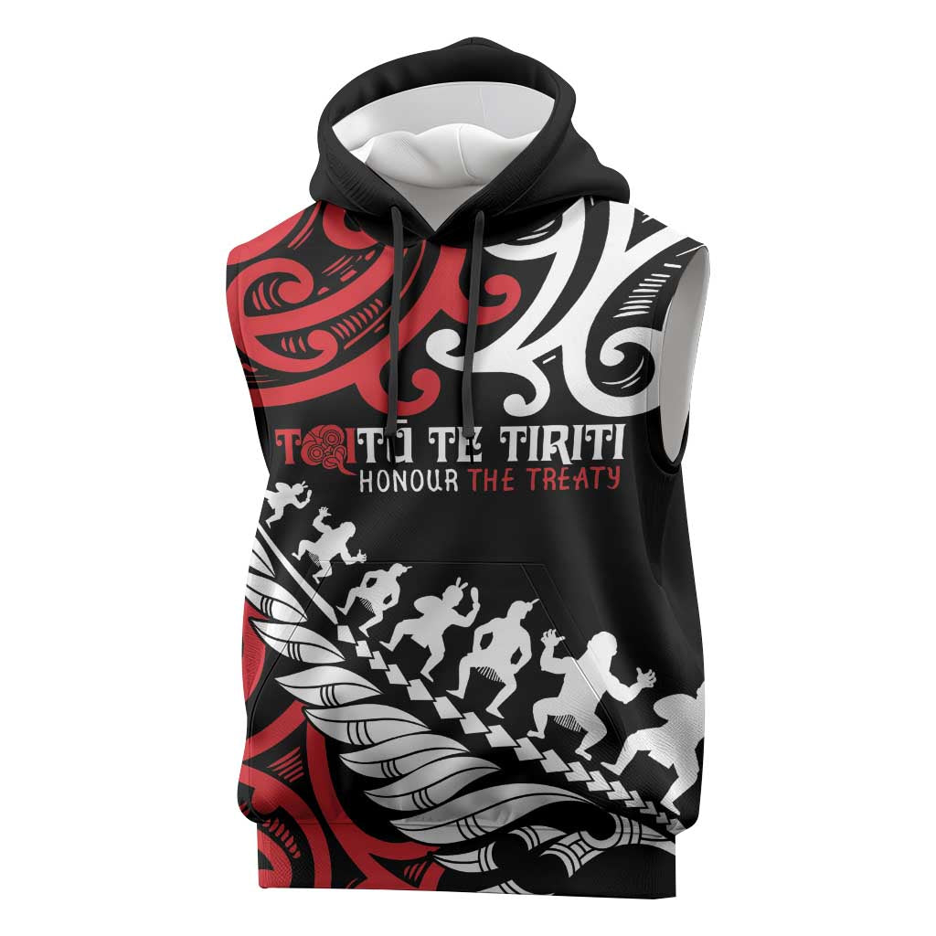 Honour The Treaty New Zealand Personalised Sleeveless Hoodie Toitu Te Tiriti Half Fern Haka Dance LT9 Red - Polynesian Pride