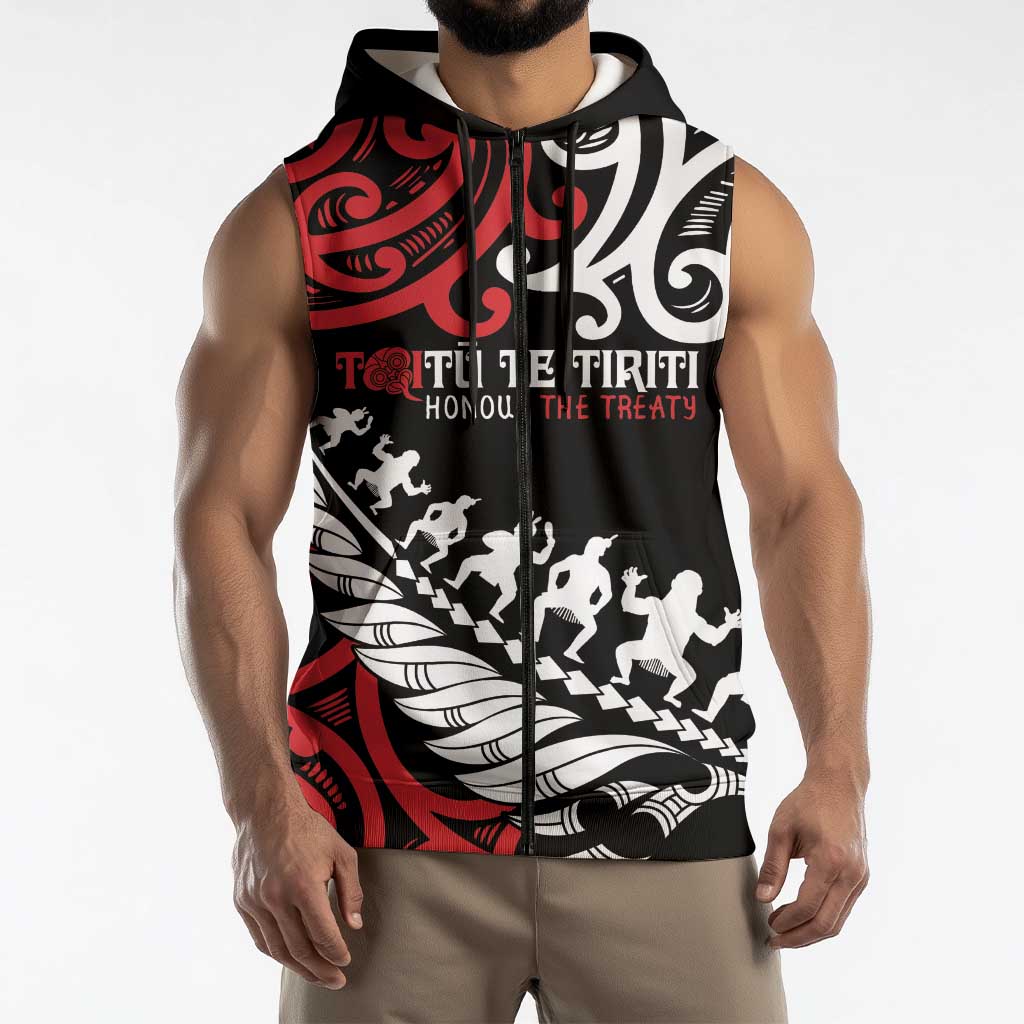 Honour The Treaty New Zealand Personalised Sleeveless Zip Hoodie Toitu Te Tiriti Half Fern Haka Dance LT9 - Polynesian Pride