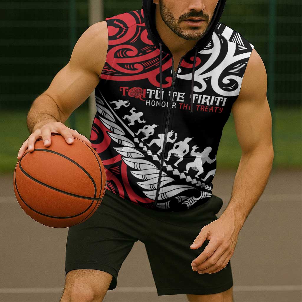 Honour The Treaty New Zealand Personalised Sleeveless Zip Hoodie Toitu Te Tiriti Half Fern Haka Dance LT9 - Polynesian Pride