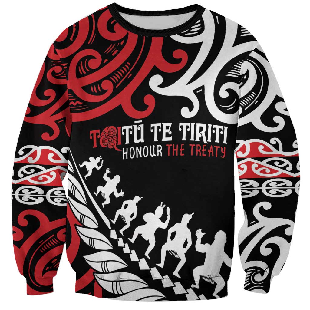 Honour The Treaty New Zealand Personalised Sweatshirt Toitu Te Tiriti Half Fern with Haka dance LT9 Unisex Black - Polynesian Pride