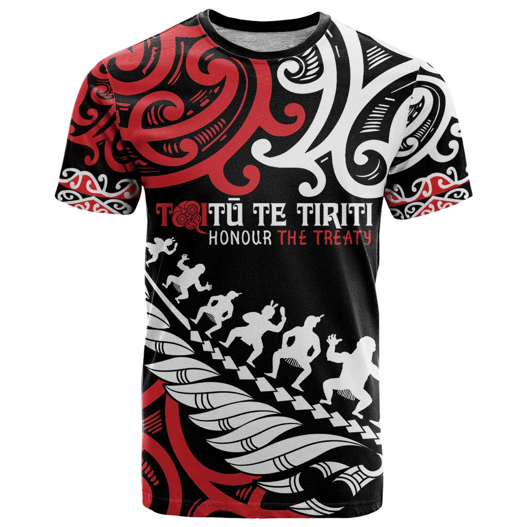 Honour The Treaty New Zealand Personalised T Shirt Toitu Te Tiriti Half Fern with Haka dance LT9 Black - Polynesian Pride
