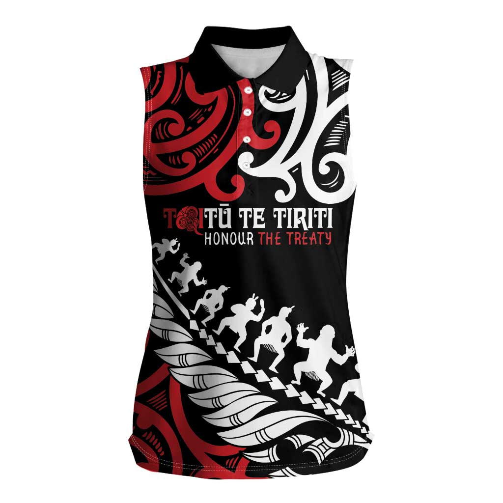 Honour The Treaty New Zealand Personalised Women Sleeveless Polo Shirt Toitu Te Tiriti Half Fern with Haka dance LT9 Female Black - Polynesian Pride