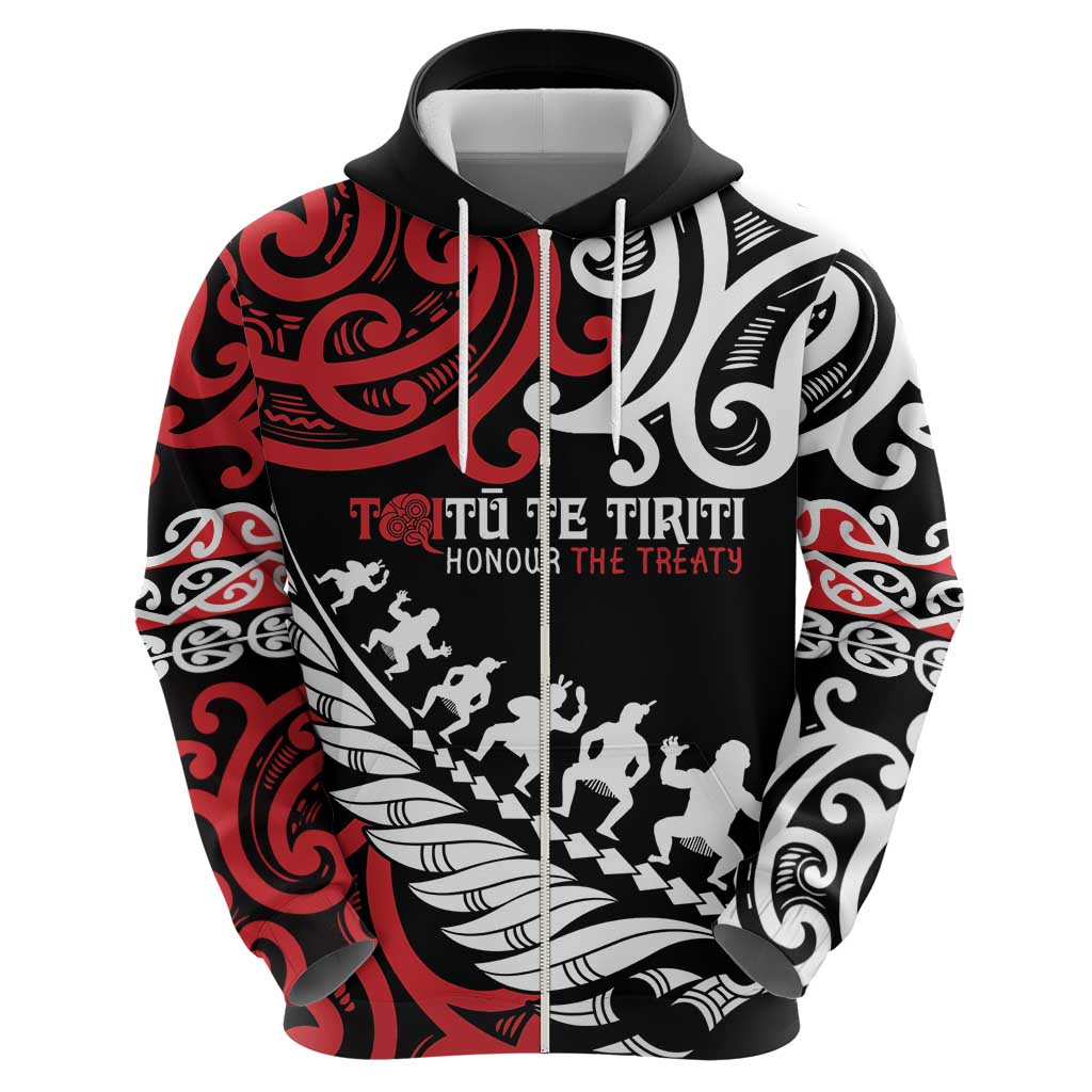 Honour The Treaty New Zealand Personalised Zip Hoodie Toitu Te Tiriti Half Fern with Haka dance LT9 - Polynesian Pride
