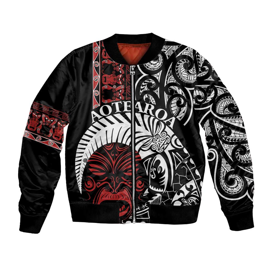 Honour The Treaty New Zealand Personalised Bomber Jacket Toitu Te Tiriti Indigenous Maori Face LT9 Unisex Black - Polynesian Pride
