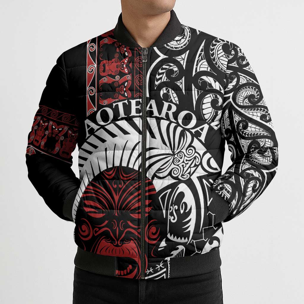 Honour The Treaty New Zealand Personalised Bomber Puffer Jacket Toitu Te Tiriti Indigenous Maori Face LT9 - Polynesian Pride