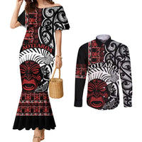 Honour The Treaty New Zealand Personalised Couples Matching Mermaid Dress and Long Sleeve Button Shirt Toitu Te Tiriti Indigenous Maori Face LT9 Black - Polynesian Pride