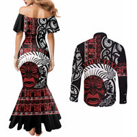 Honour The Treaty New Zealand Personalised Couples Matching Mermaid Dress and Long Sleeve Button Shirt Toitu Te Tiriti Indigenous Maori Face LT9 - Polynesian Pride