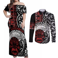 Honour The Treaty New Zealand Personalised Couples Matching Off Shoulder Maxi Dress and Long Sleeve Button Shirt Toitu Te Tiriti Indigenous Maori Face LT9 Black - Polynesian Pride