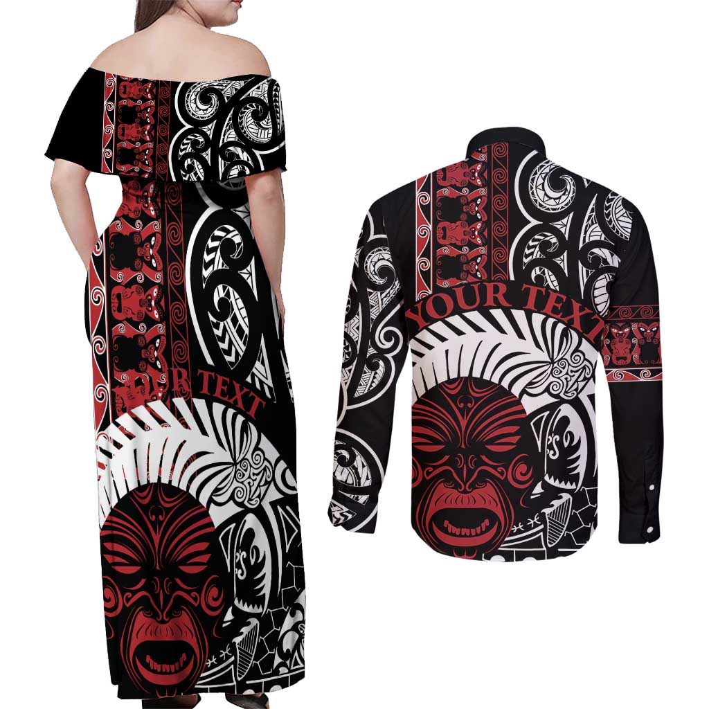 Honour The Treaty New Zealand Personalised Couples Matching Off Shoulder Maxi Dress and Long Sleeve Button Shirt Toitu Te Tiriti Indigenous Maori Face LT9 - Polynesian Pride