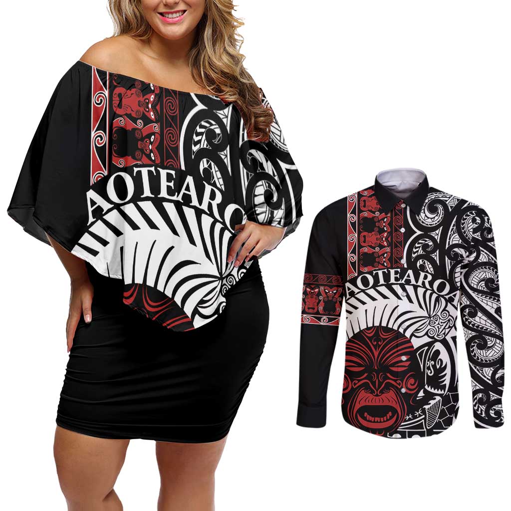 Honour The Treaty New Zealand Personalised Couples Matching Off Shoulder Short Dress and Long Sleeve Button Shirt Toitu Te Tiriti Indigenous Maori Face LT9 Black - Polynesian Pride