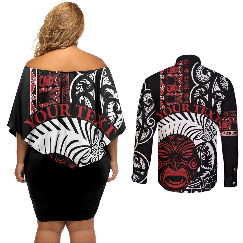 Honour The Treaty New Zealand Personalised Couples Matching Off Shoulder Short Dress and Long Sleeve Button Shirt Toitu Te Tiriti Indigenous Maori Face LT9 - Polynesian Pride