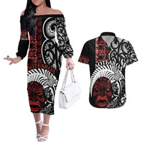 Honour The Treaty New Zealand Personalised Couples Matching Off The Shoulder Long Sleeve Dress and Hawaiian Shirt Toitu Te Tiriti Indigenous Maori Face LT9 Black - Polynesian Pride