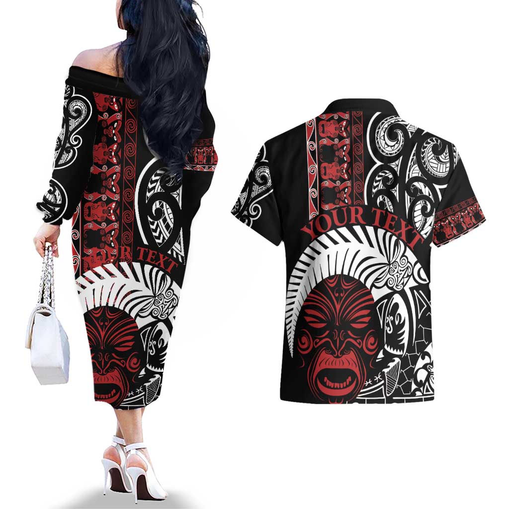 Honour The Treaty New Zealand Personalised Couples Matching Off The Shoulder Long Sleeve Dress and Hawaiian Shirt Toitu Te Tiriti Indigenous Maori Face LT9 - Polynesian Pride