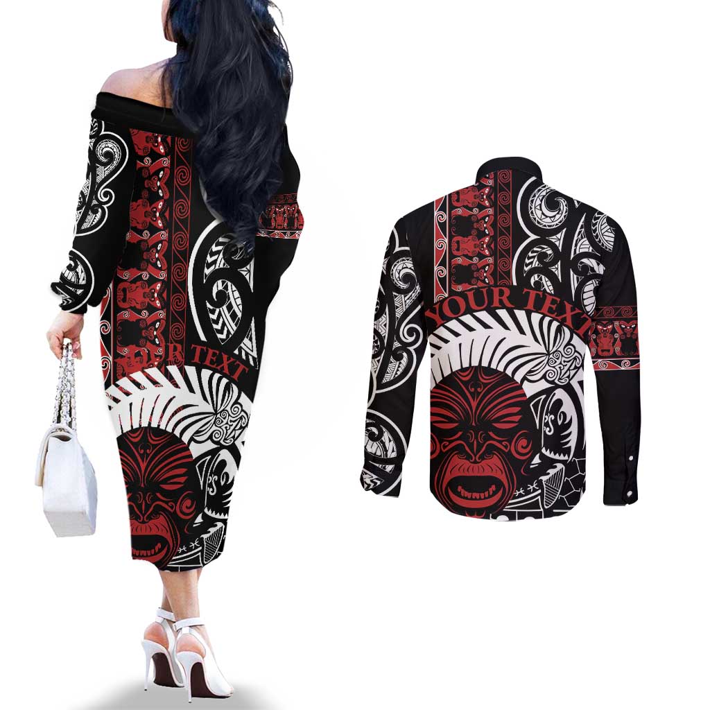 Honour The Treaty New Zealand Personalised Couples Matching Off The Shoulder Long Sleeve Dress and Long Sleeve Button Shirt Toitu Te Tiriti Indigenous Maori Face LT9 - Polynesian Pride