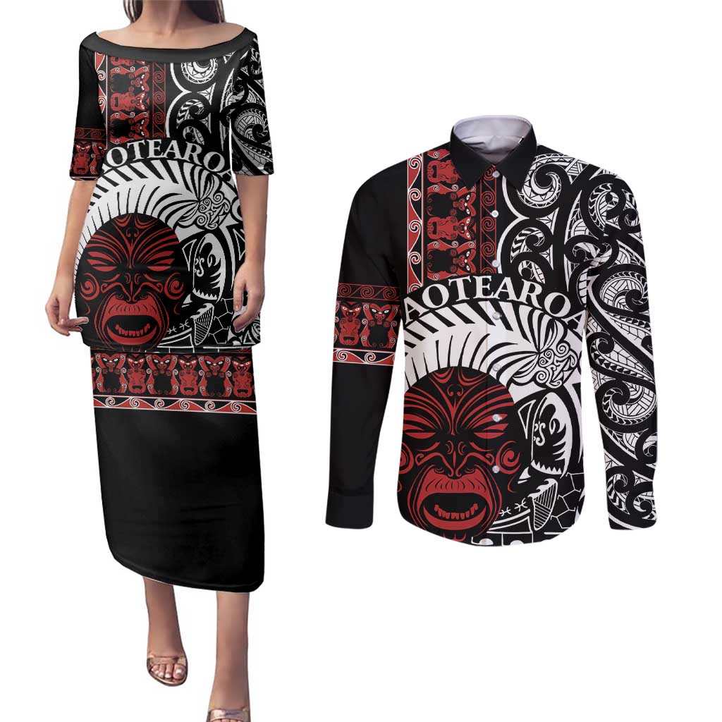 Honour The Treaty New Zealand Personalised Couples Matching Puletasi and Long Sleeve Button Shirt Toitu Te Tiriti Indigenous Maori Face LT9 Black - Polynesian Pride
