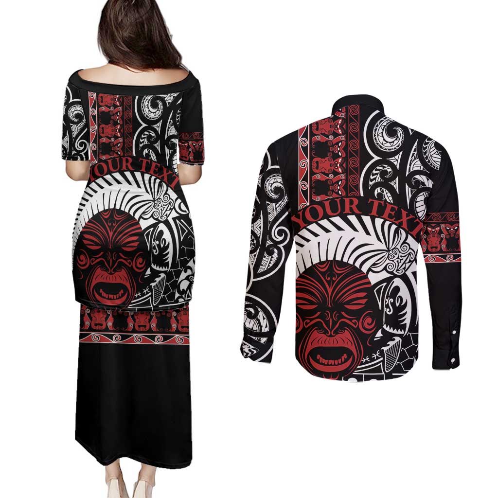 Honour The Treaty New Zealand Personalised Couples Matching Puletasi and Long Sleeve Button Shirt Toitu Te Tiriti Indigenous Maori Face LT9 - Polynesian Pride