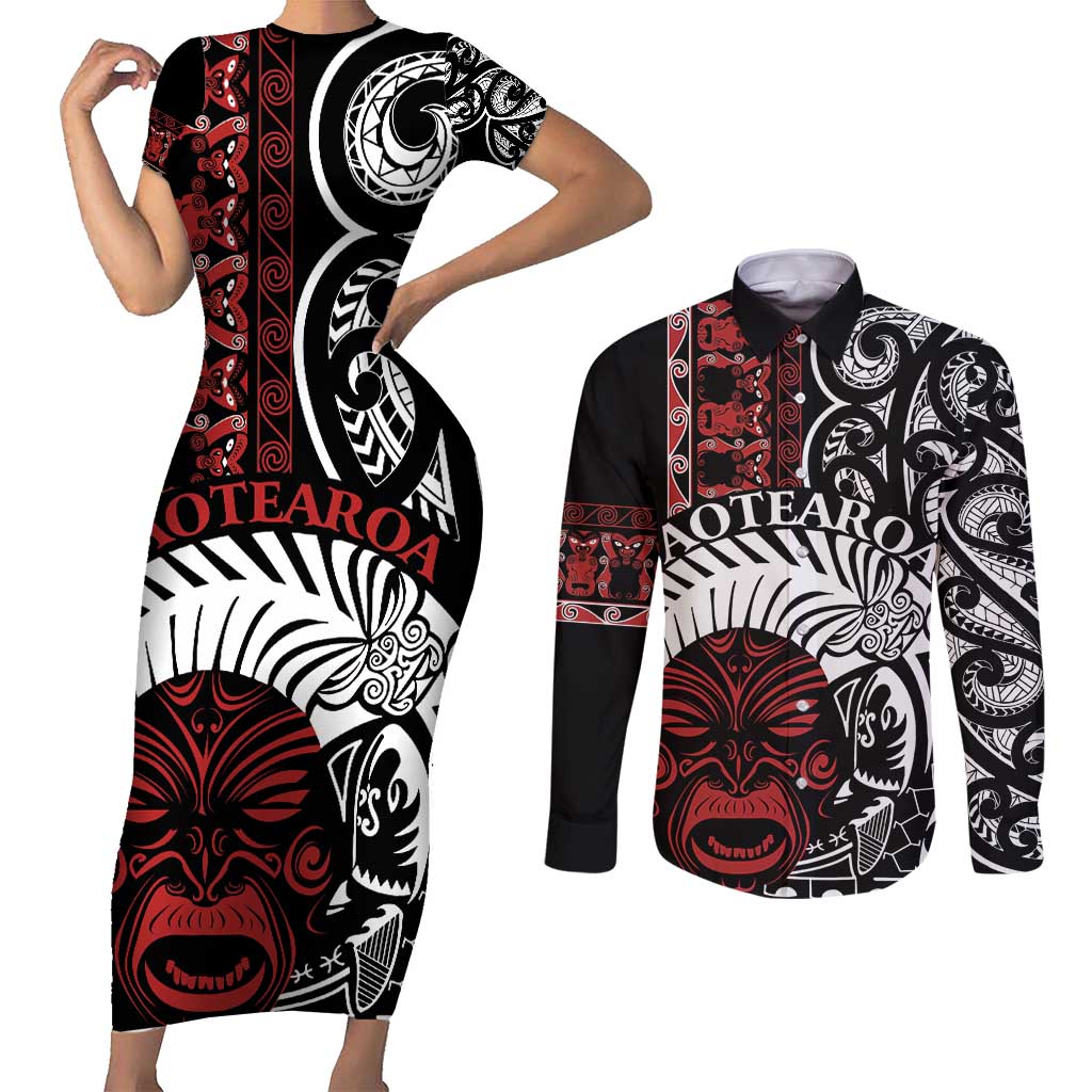 Honour The Treaty New Zealand Personalised Couples Matching Short Sleeve Bodycon Dress and Long Sleeve Button Shirt Toitu Te Tiriti Indigenous Maori Face LT9 Black - Polynesian Pride