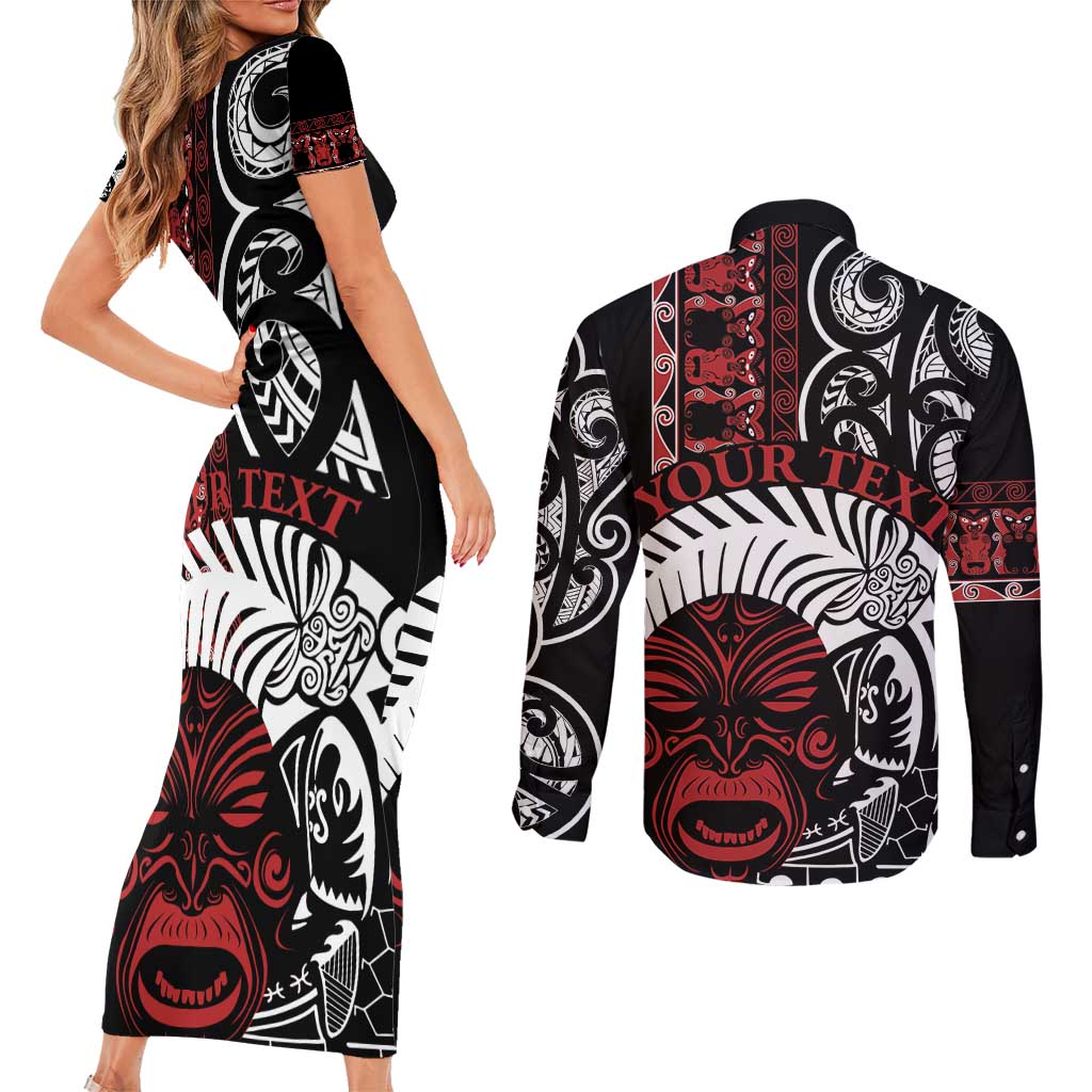 Honour The Treaty New Zealand Personalised Couples Matching Short Sleeve Bodycon Dress and Long Sleeve Button Shirt Toitu Te Tiriti Indigenous Maori Face LT9 - Polynesian Pride