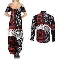 Honour The Treaty New Zealand Personalised Couples Matching Summer Maxi Dress and Long Sleeve Button Shirt Toitu Te Tiriti Indigenous Maori Face LT9 - Polynesian Pride