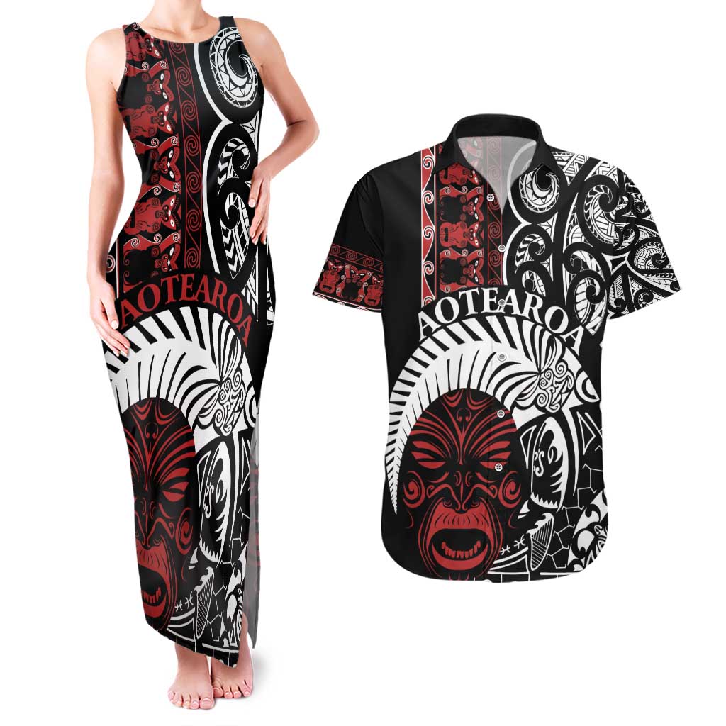 Honour The Treaty New Zealand Personalised Couples Matching Tank Maxi Dress and Hawaiian Shirt Toitu Te Tiriti Indigenous Maori Face LT9 Black - Polynesian Pride