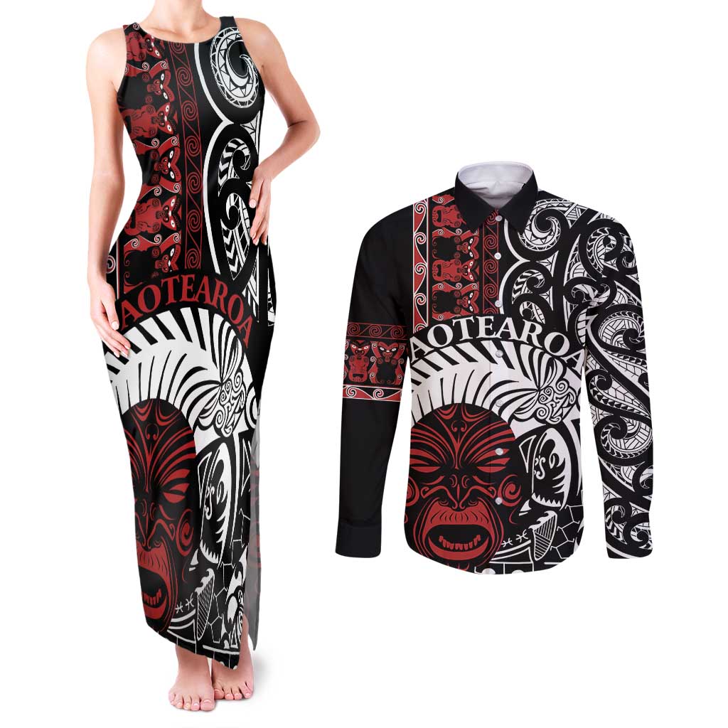 Honour The Treaty New Zealand Personalised Couples Matching Tank Maxi Dress and Long Sleeve Button Shirt Toitu Te Tiriti Indigenous Maori Face LT9 Black - Polynesian Pride
