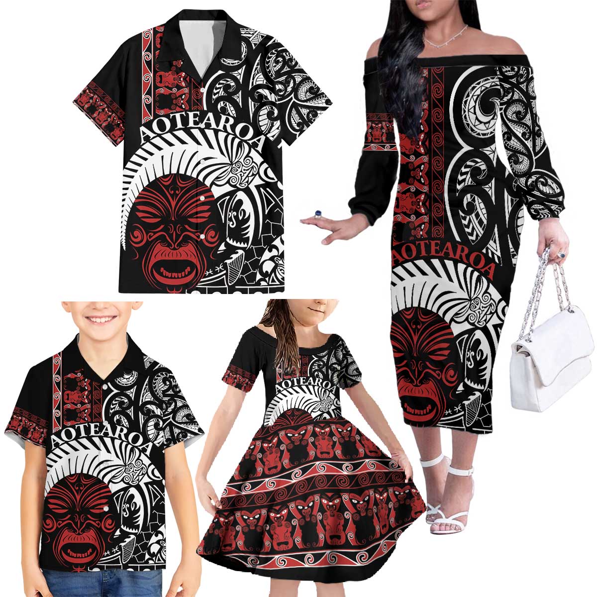 Honour The Treaty New Zealand Personalised Family Matching Off The Shoulder Long Sleeve Dress and Hawaiian Shirt Toitu Te Tiriti Indigenous Maori Face LT9 - Polynesian Pride