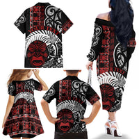 Honour The Treaty New Zealand Personalised Family Matching Off The Shoulder Long Sleeve Dress and Hawaiian Shirt Toitu Te Tiriti Indigenous Maori Face LT9 - Polynesian Pride