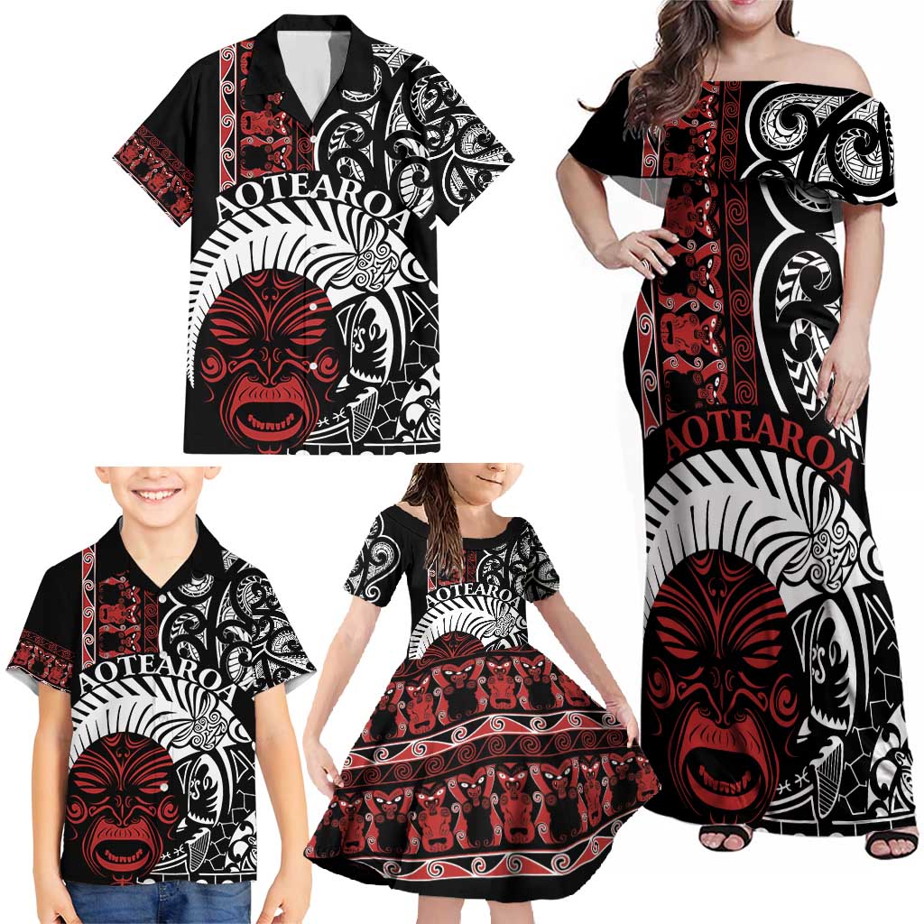 Honour The Treaty New Zealand Personalised Family Matching Off Shoulder Maxi Dress and Hawaiian Shirt Toitu Te Tiriti Indigenous Maori Face LT9 - Polynesian Pride