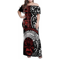 Honour The Treaty New Zealand Personalised Family Matching Off Shoulder Maxi Dress and Hawaiian Shirt Toitu Te Tiriti Indigenous Maori Face LT9 Mom's Dress Black - Polynesian Pride