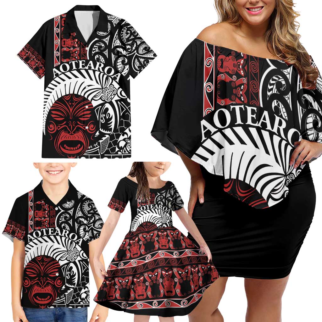 Honour The Treaty New Zealand Personalised Family Matching Off Shoulder Short Dress and Hawaiian Shirt Toitu Te Tiriti Indigenous Maori Face LT9 - Polynesian Pride