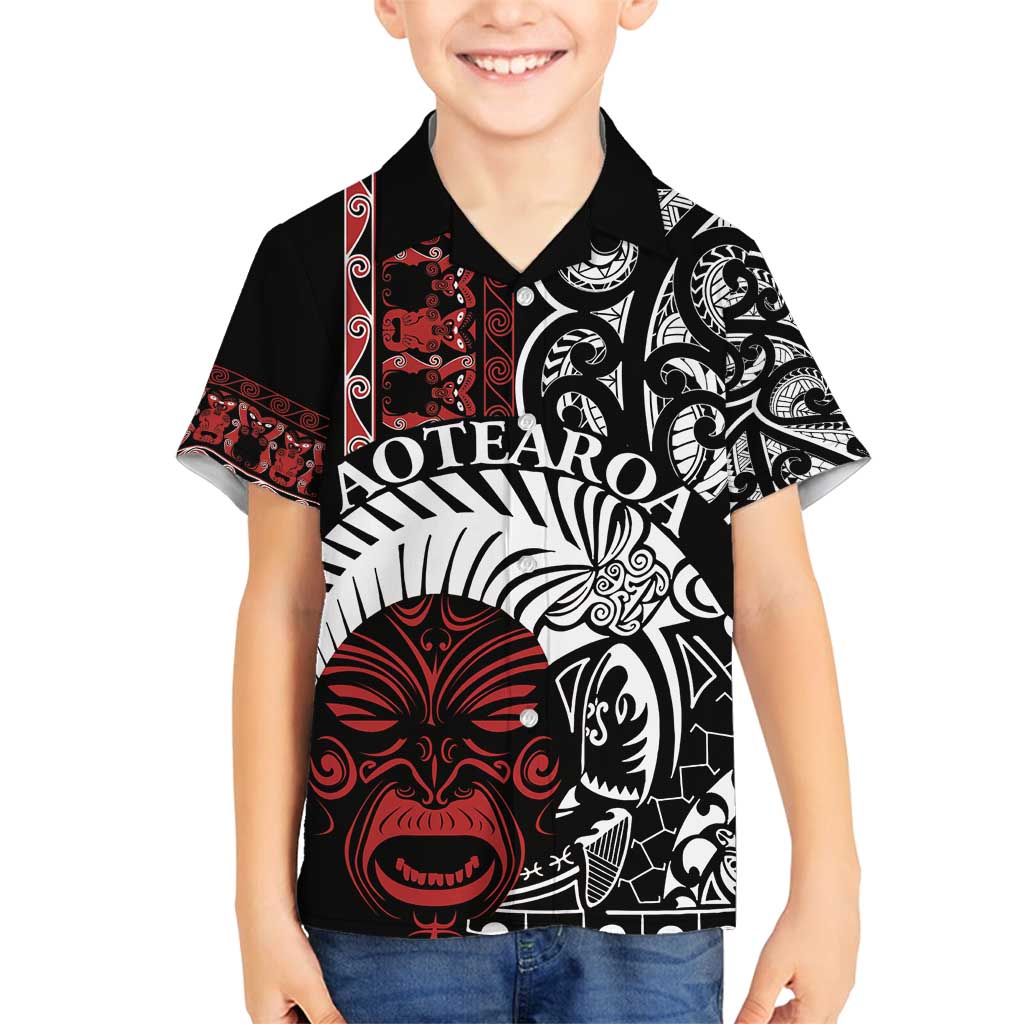Honour The Treaty New Zealand Personalised Family Matching Off Shoulder Short Dress and Hawaiian Shirt Toitu Te Tiriti Indigenous Maori Face LT9 Son's Shirt Black - Polynesian Pride