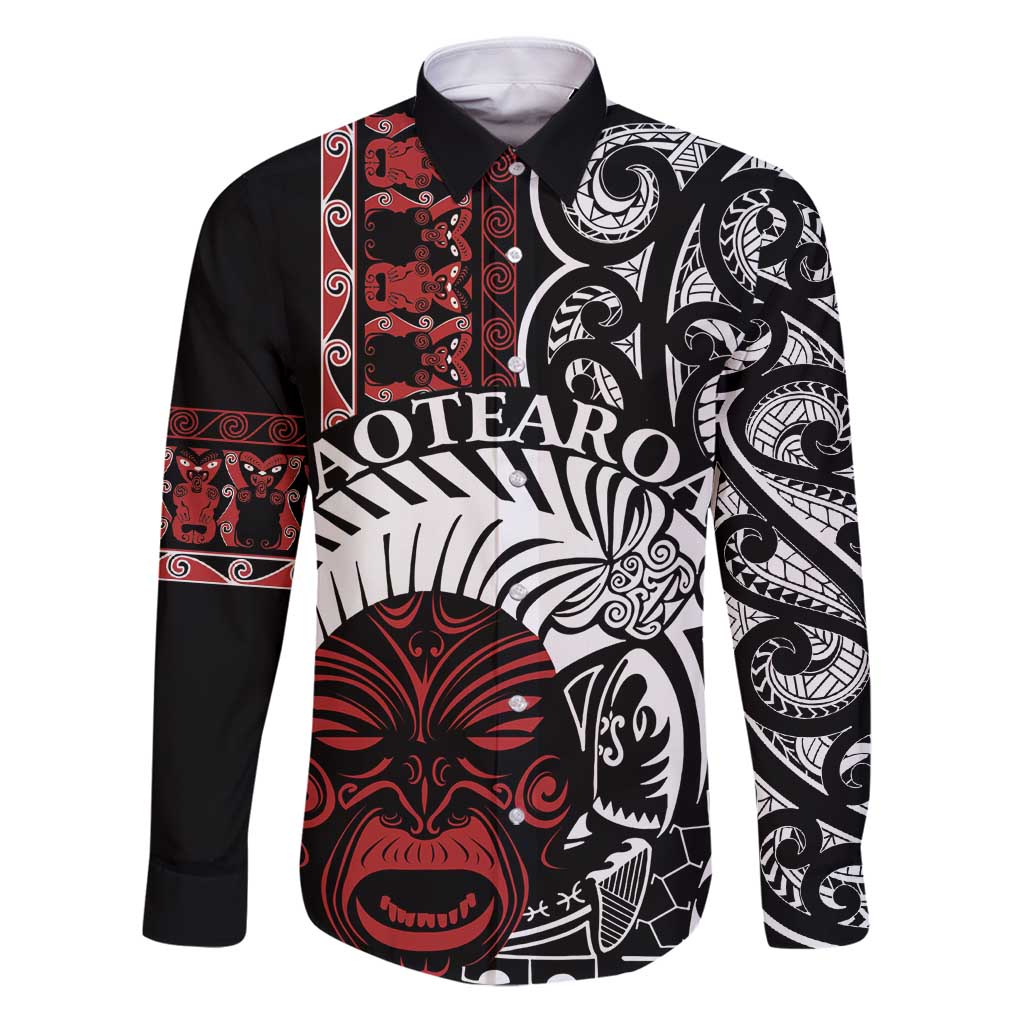 Honour The Treaty New Zealand Personalised Family Matching Puletasi and Hawaiian Shirt Toitu Te Tiriti Indigenous Maori Face LT9 Dad's Shirt - Long Sleeve Black - Polynesian Pride