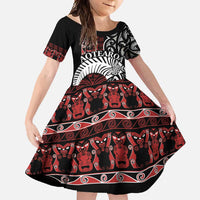 Honour The Treaty New Zealand Personalised Family Matching Short Sleeve Bodycon Dress and Hawaiian Shirt Toitu Te Tiriti Indigenous Maori Face LT9 Daughter's Dress Black - Polynesian Pride
