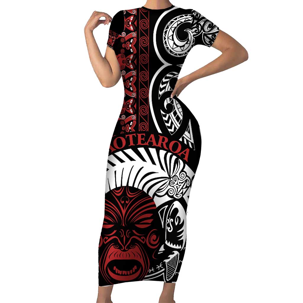 Honour The Treaty New Zealand Personalised Family Matching Short Sleeve Bodycon Dress and Hawaiian Shirt Toitu Te Tiriti Indigenous Maori Face LT9 Mom's Dress Black - Polynesian Pride