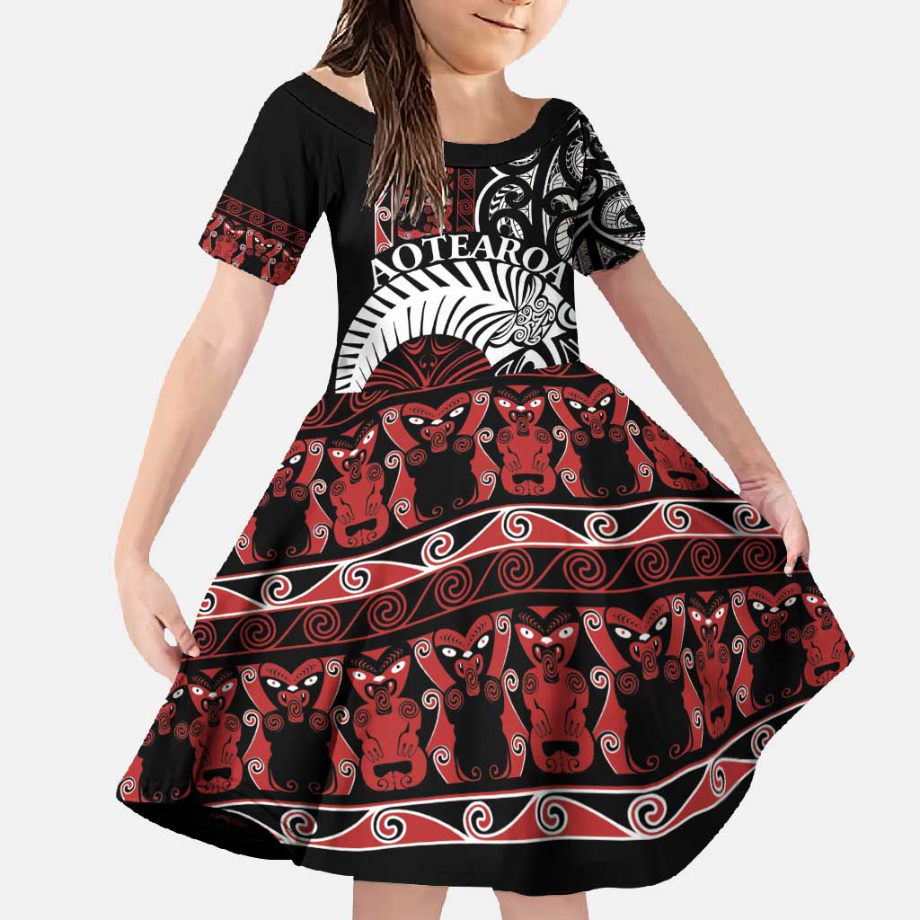 Honour The Treaty New Zealand Personalised Family Matching Summer Maxi Dress and Hawaiian Shirt Toitu Te Tiriti Indigenous Maori Face LT9 Daughter's Dress Black - Polynesian Pride